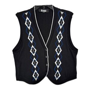 Vintage 90s Black Argyle Sweater Vest Size L Ribbed Knit Ivy Preppy Academia Y2K